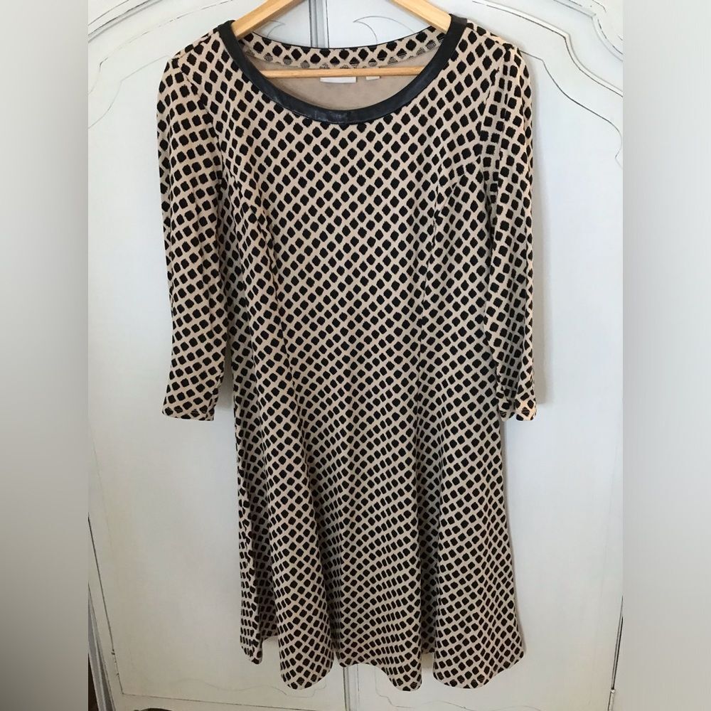 New York & Co Tan and Black Fit and Flare Dress Faux Leather collar Size L